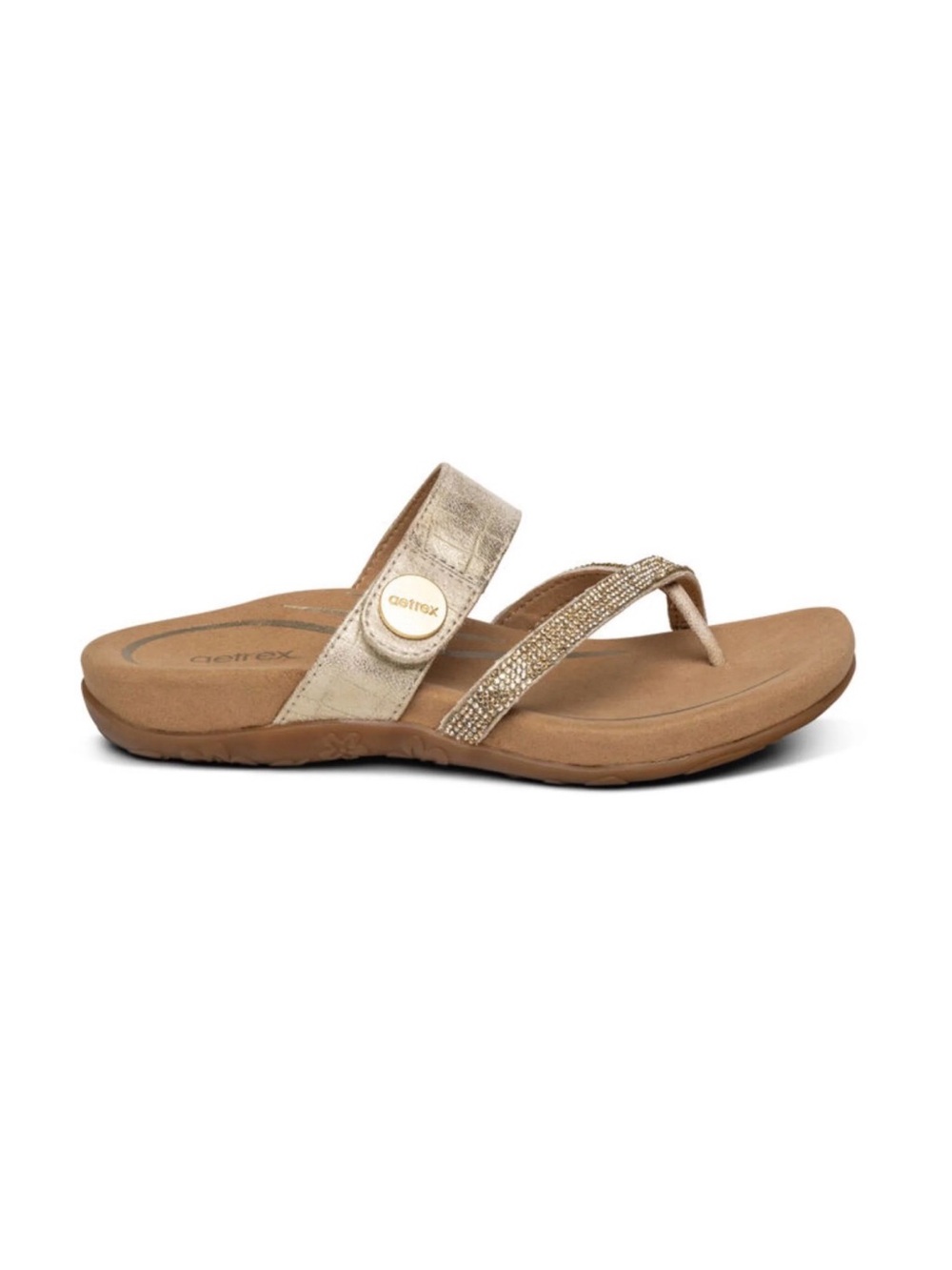 Aetrex Metallic Gold Rhinestone Izzy Thong Sandal for Women size 9